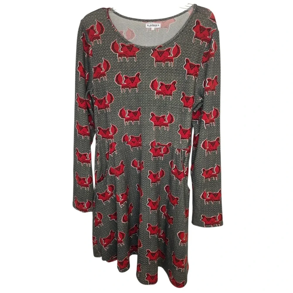 LA Soul Women's Long Sleeve Dress Red Fox Print Gray Knit Casual Large Pockets‎
